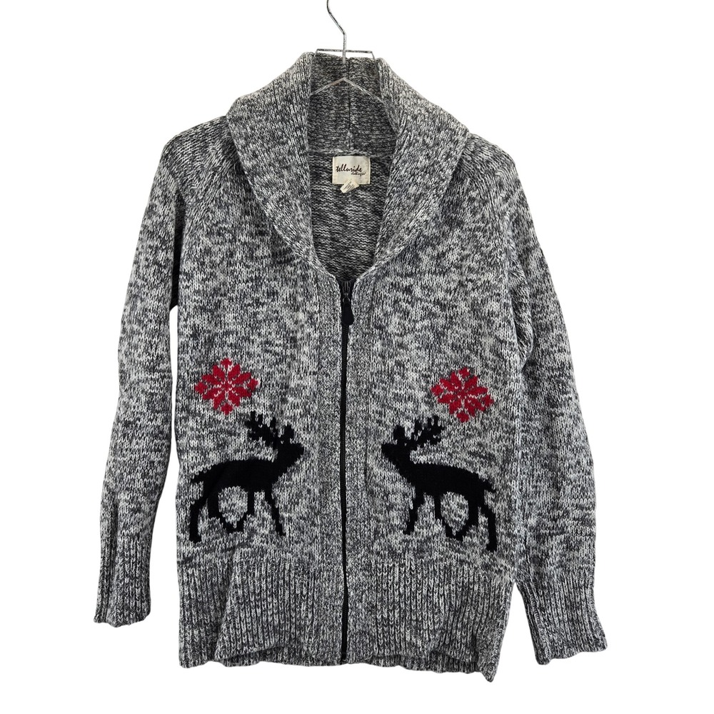 Telluride Clothing Co Women Gray Reindeer Wool Blend Zip Up Cardigan‎ Sweater L